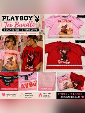 🔥 Playboy Graphic Tee Bundle (2 Tops) Pink Crop + Red Oversized